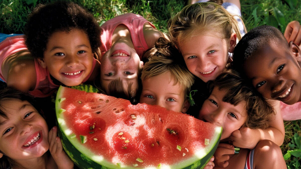 bambini che mangiano una anguria in estate