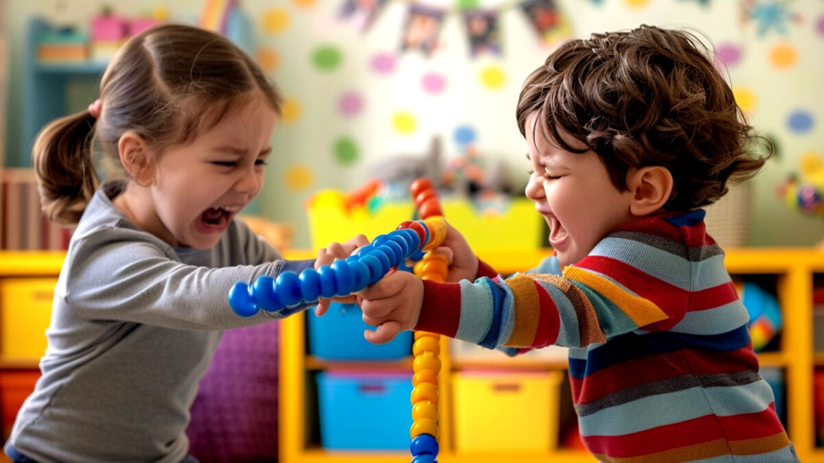 bambini che litigano per il possesso di un gioco