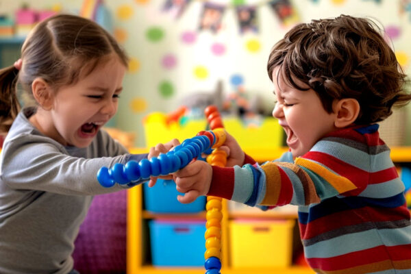 bambini che litigano per il possesso di un gioco